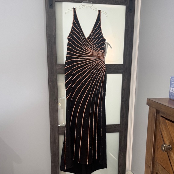 Ellie Wilde Black and Rose Gold Rhinestones Maxi Dress NWT